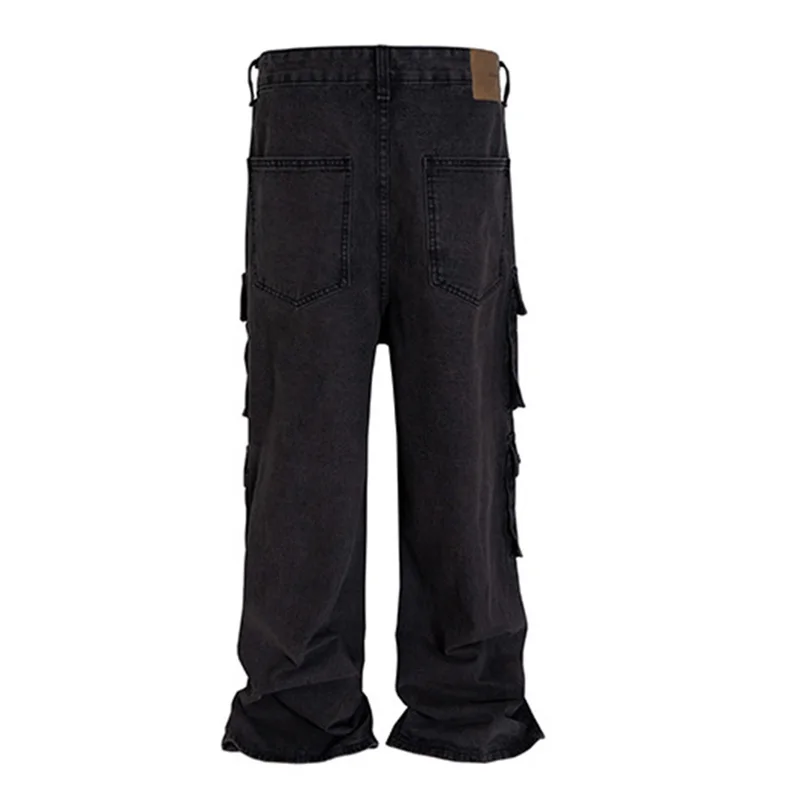 Hi Street Cargo Washed Jeans Pants Multi Pockets Streetwear Denim Trousers For Male Patchwork