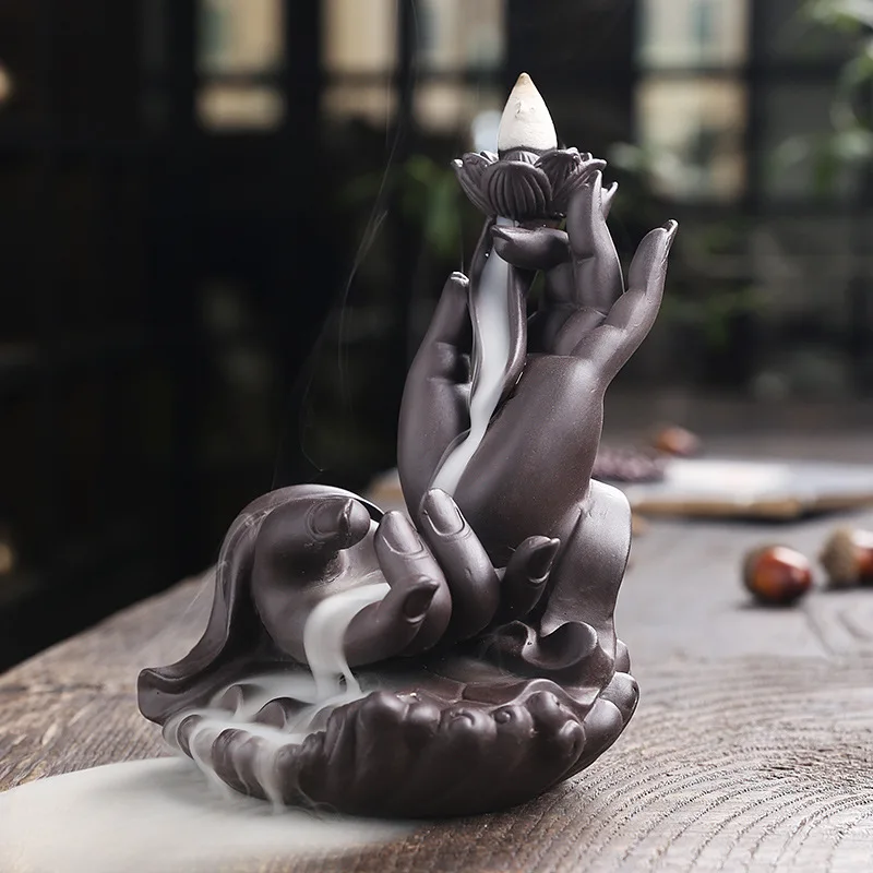 Purple Clay Indoor Home Incense Creative Large Buddha Hand Backflow Aromatherapy Burner Gift Orna