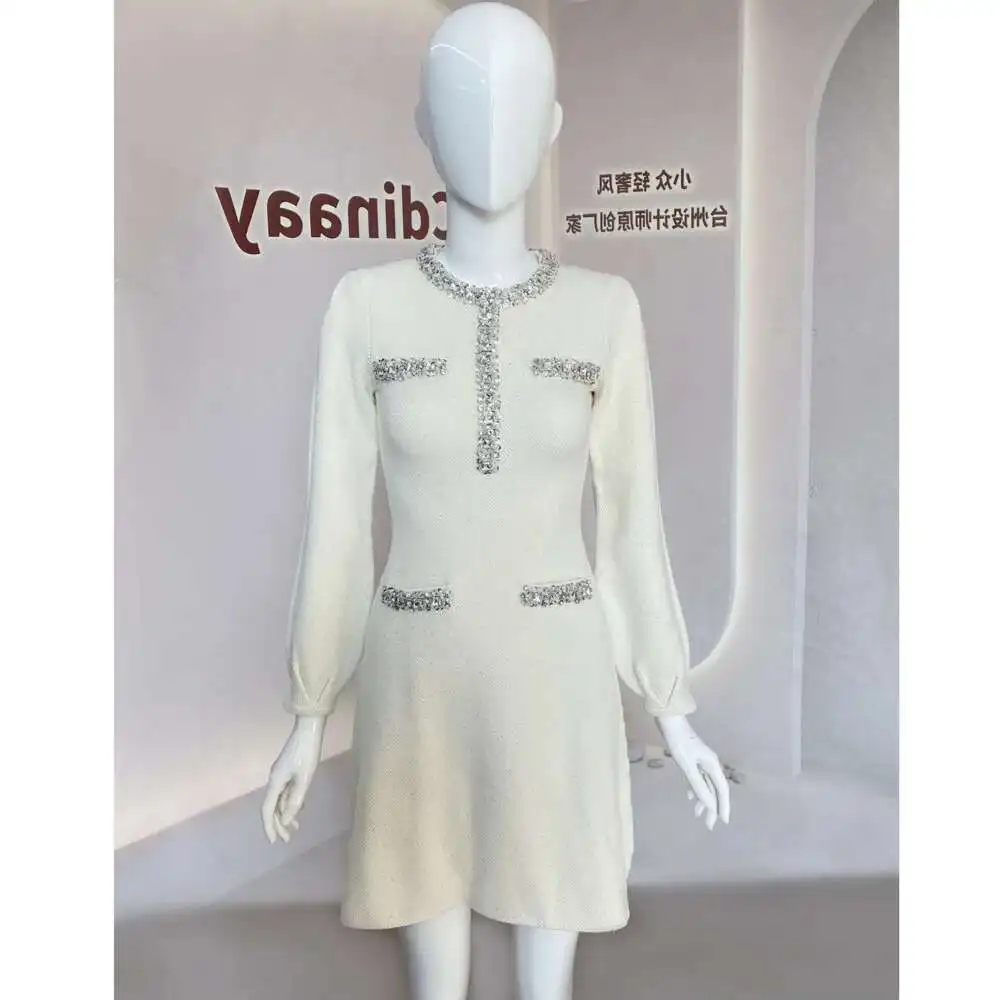 Luxury Designer Autumn Beading Crystal Diamonds Long Sleeve Short Knitting Sweater Dress For Women Elegant Party Evening Robe