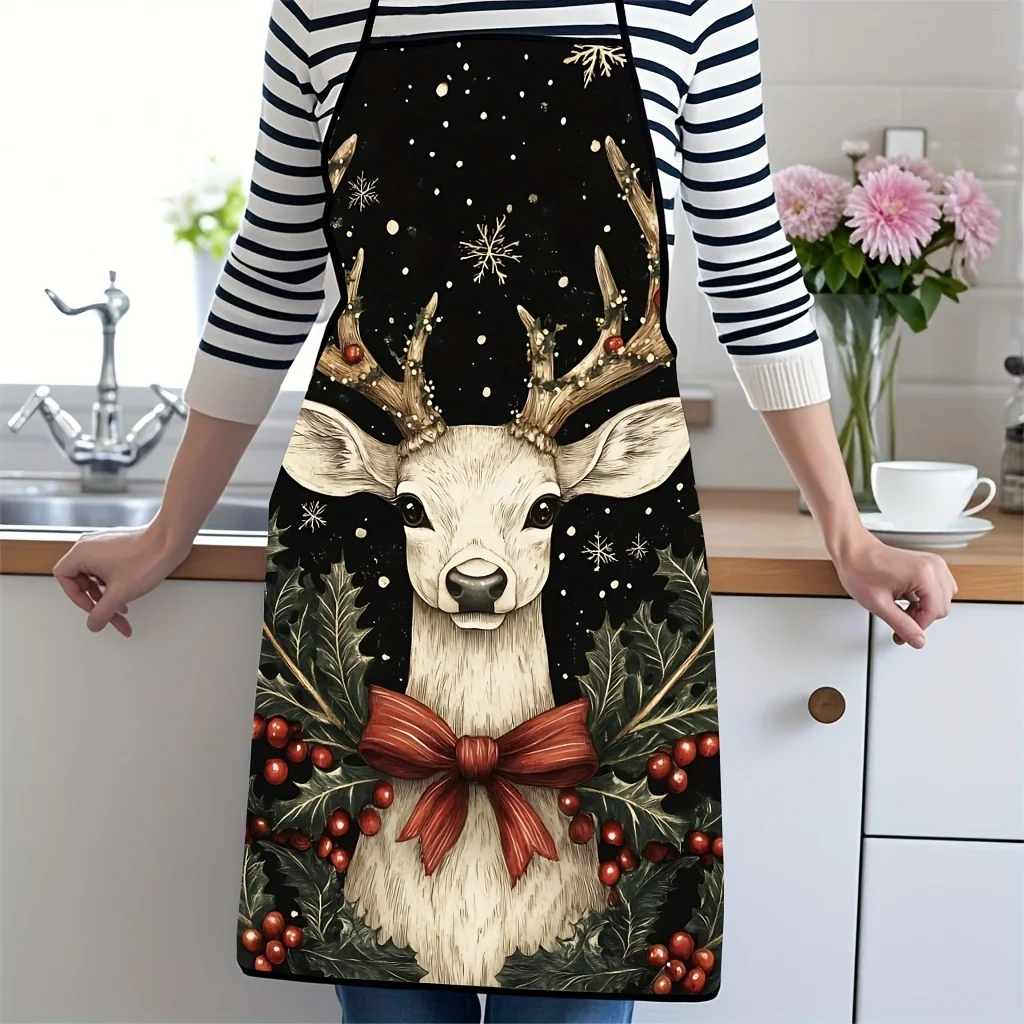 Cute Deer Christmas Baking Apron Reusable Kitchen Apron Holiday Woodland Animal Print Cooking Apron Gift