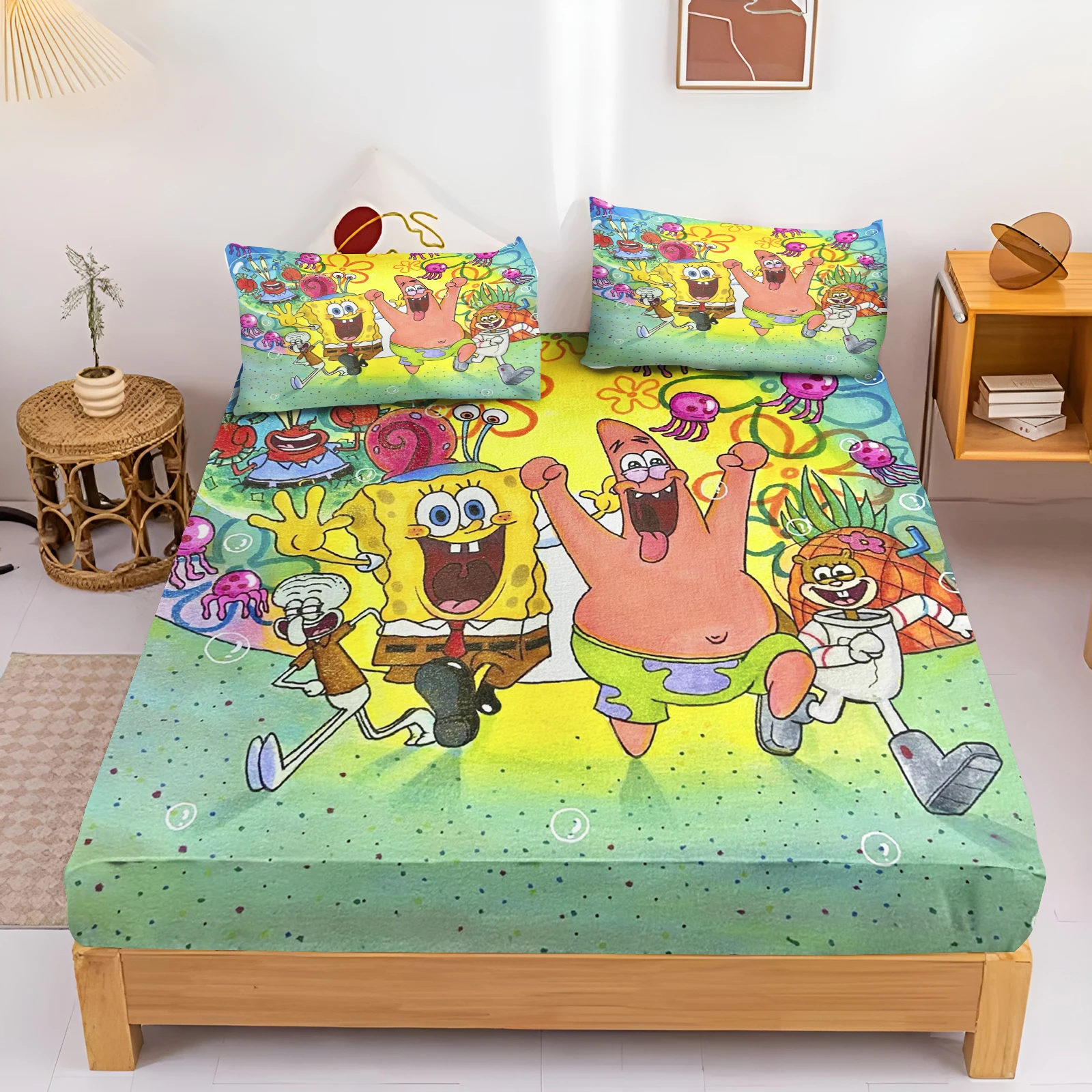 SpongeBob Cartoon Fitted Sheets, Anime Yellow Printing, Cute Children's Bedroom Pillowcase Set, Polyester Adult Gift