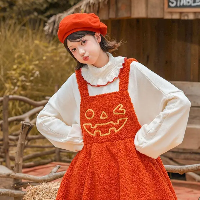 Sweet and Cute Halloween Pumpkin Funny Strap Bud Skirt Turtleneck Sweater Autumn and Winter New Two-piece Set