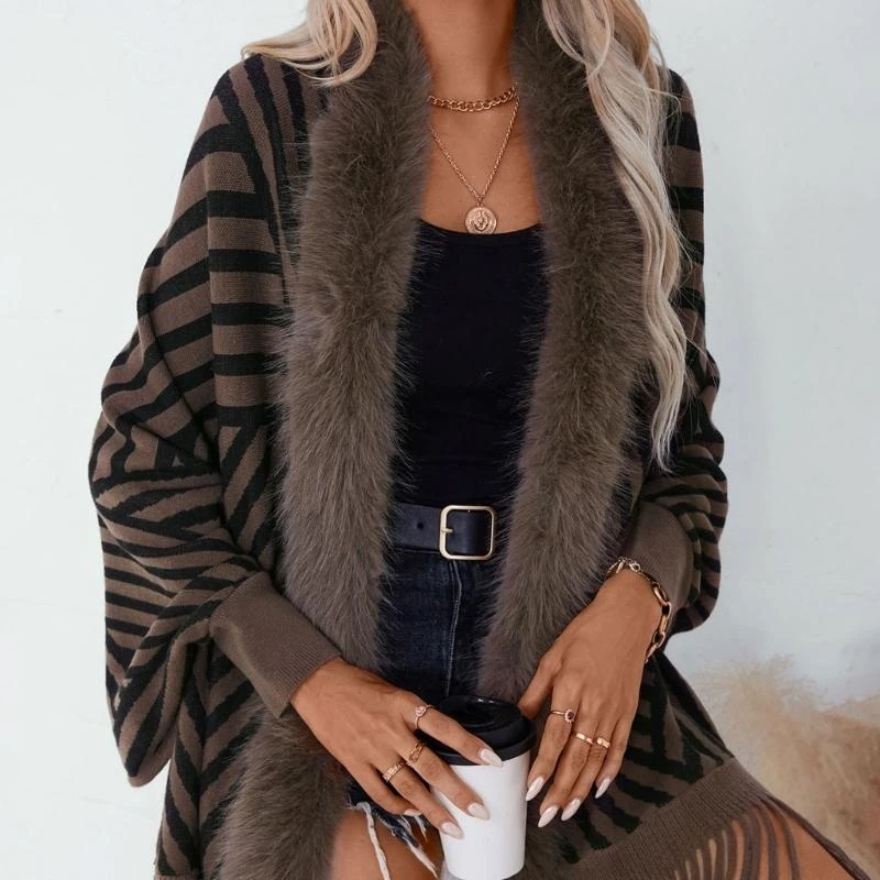 

Women's Cardigan Sweaters Sleeve Shrug Shawl Knit Striped Open Front Furry Collar Tassels Ponchos Cloak Coverup