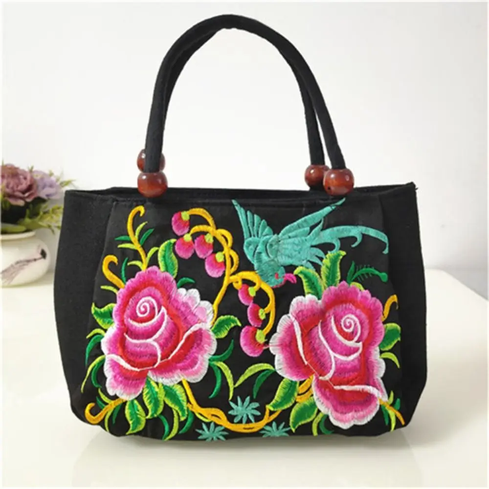 Bird Embroidery Flower Handbag Underarm Bag Canvas Ethnic Style Tote Bag Mommy Bag Shopping Bag Rose Flower Shoulder Bag