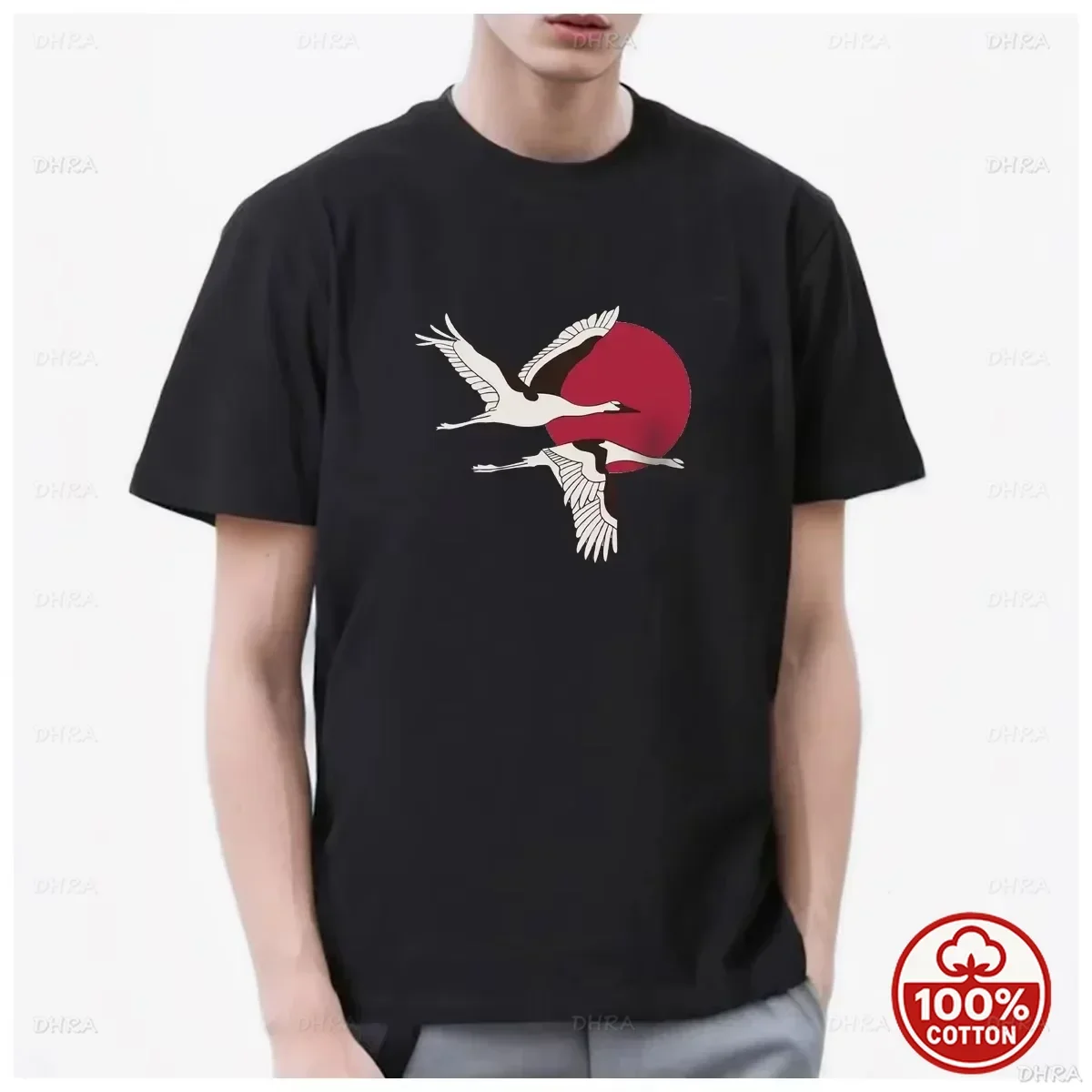 Japanese Crane T-Shirt – Red Sun Tsuru Graphic Tee, Oriental Art Unisex Cotton Top