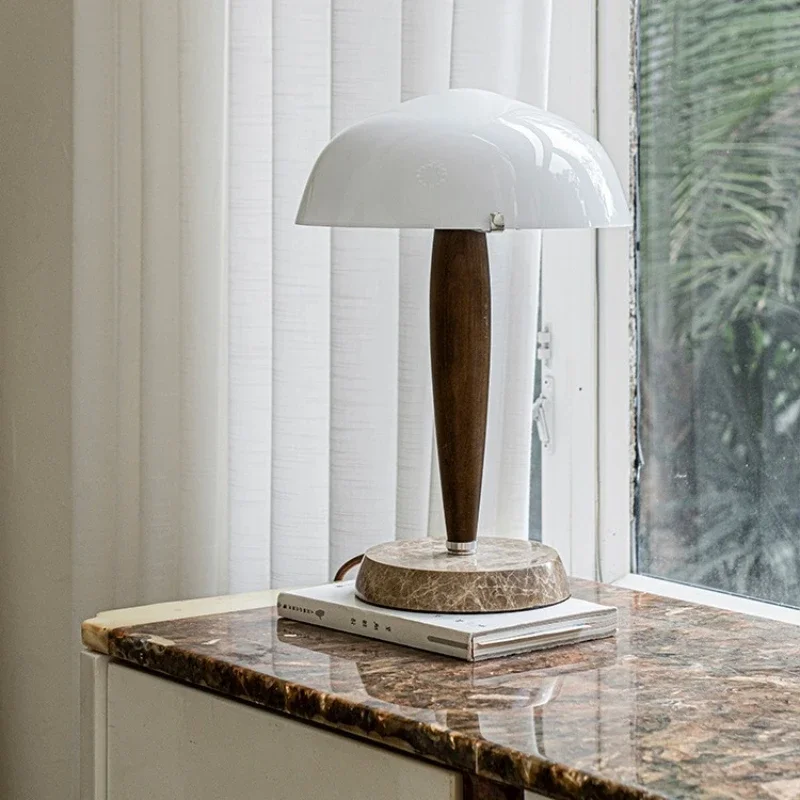 Denmark Walnut Wood Desk Lamp Table Light Marble Base Glass Shade