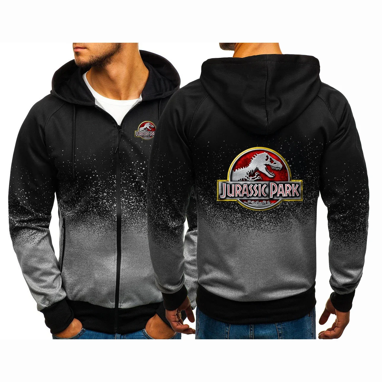 2024 New Jurassic Park Men's Long Sleeves Zip Hoodies Casual Harajuku Gradient Color Cardigan Outdoor Sweatshirts Jacket Top