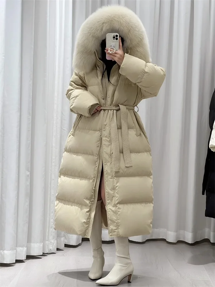 Winter Down Jacket For Women Loose White Duck Down Warm Long Coat With Fur Collar