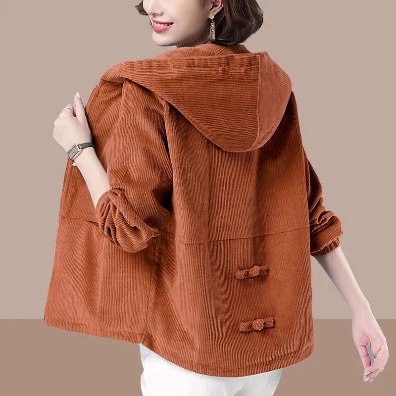 

Women's Jacket Nice Pop Long Sleeve Windbreaker Famale Hooded Corduroy Jackets Loose Coat Pocket Zipper Outwear Plus Size 4XL