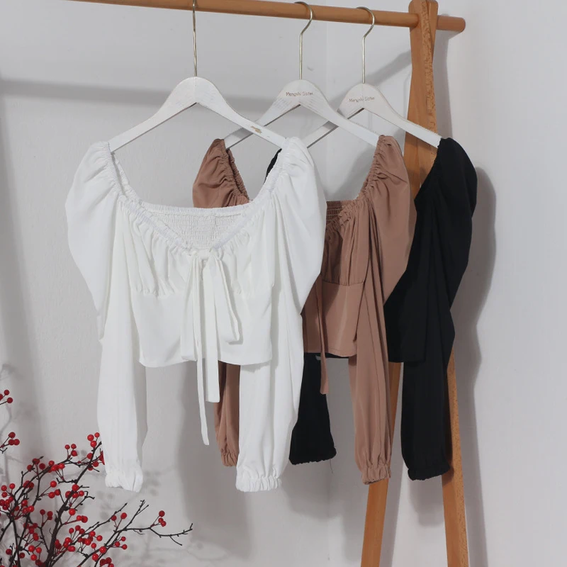 Lace-up bow square-neck long-sleeve shirt, cropped, navel-revealing, pure-desire style, off-the-shoulder top