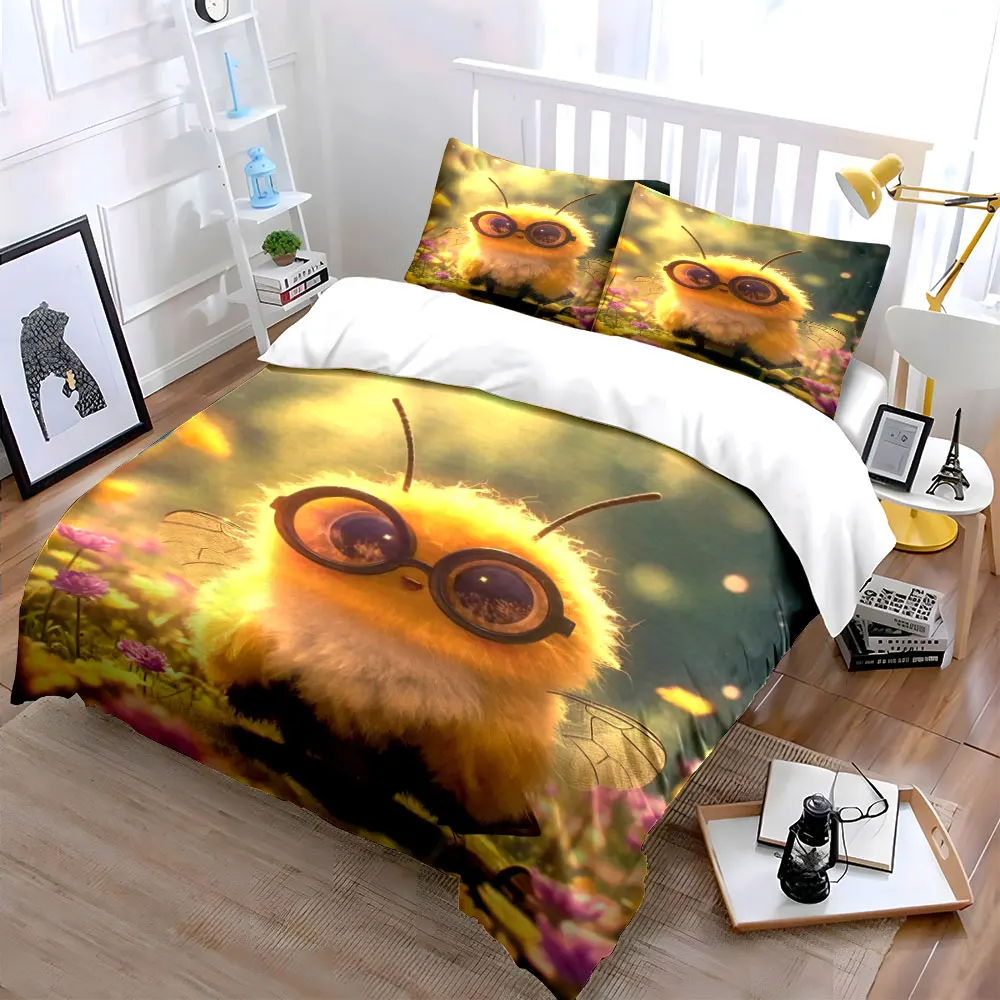 Adorable bee with glasses in flower field Print Bedding Set 1 Duvet Cover 2 Pillowcases for Adult and Children Luxury Gift