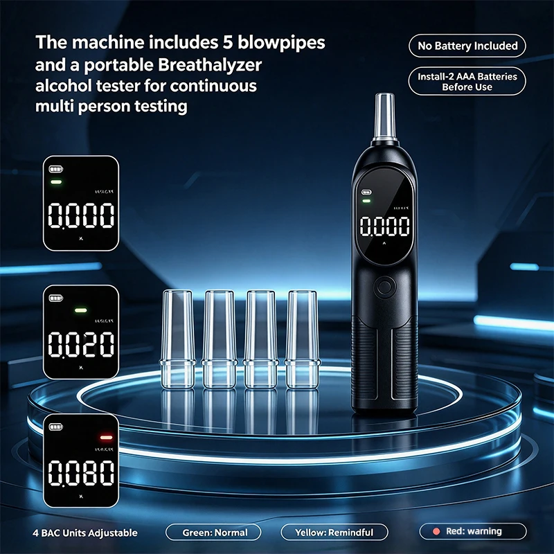 Mini Pocket Personal Breathalyzer, Portable Digital Breath Alcohol Tester with 5 Blow Pipes, 4 Adjustable BAC Units for Drivers