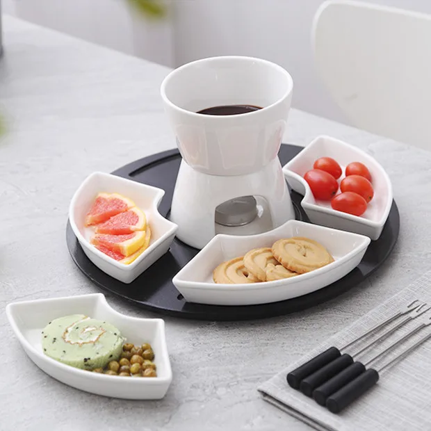 Juego de Fondue de Chocolate de Cerámica con 4 Tazones para Salsas y Tenedores Metálicos, Kit de Olla para Derretir Queso con Calentamiento a Vela y Bandeja de Madera para el Hogar