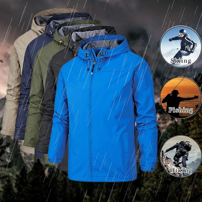 

Outdoor Men's Waterproof Hiking Jacket Spring Autumn Breathable Hooded Coat Climbing Trekking Windbreaker Travel Raincoat 5XL