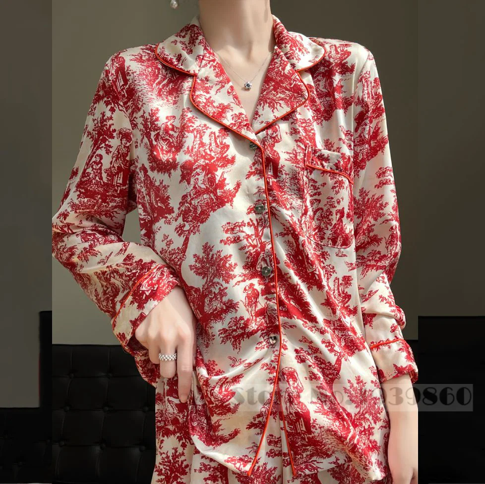 Women Pajamas Set Spring Summer Nightwear Print Flower Long Sleeve Trouser Suit Pyjama Pour Femme Loose Loungewear Homewear