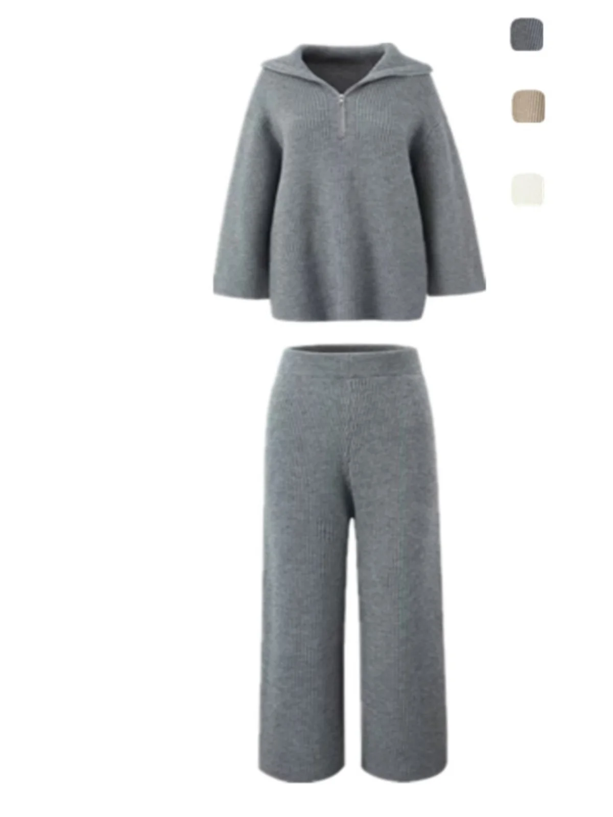 

Свободный вязаный свитер в стиле ретро с высоким воротником на молнии, уличная одежда, утягивающие широкие брюки, повседневный комплект, моющийся