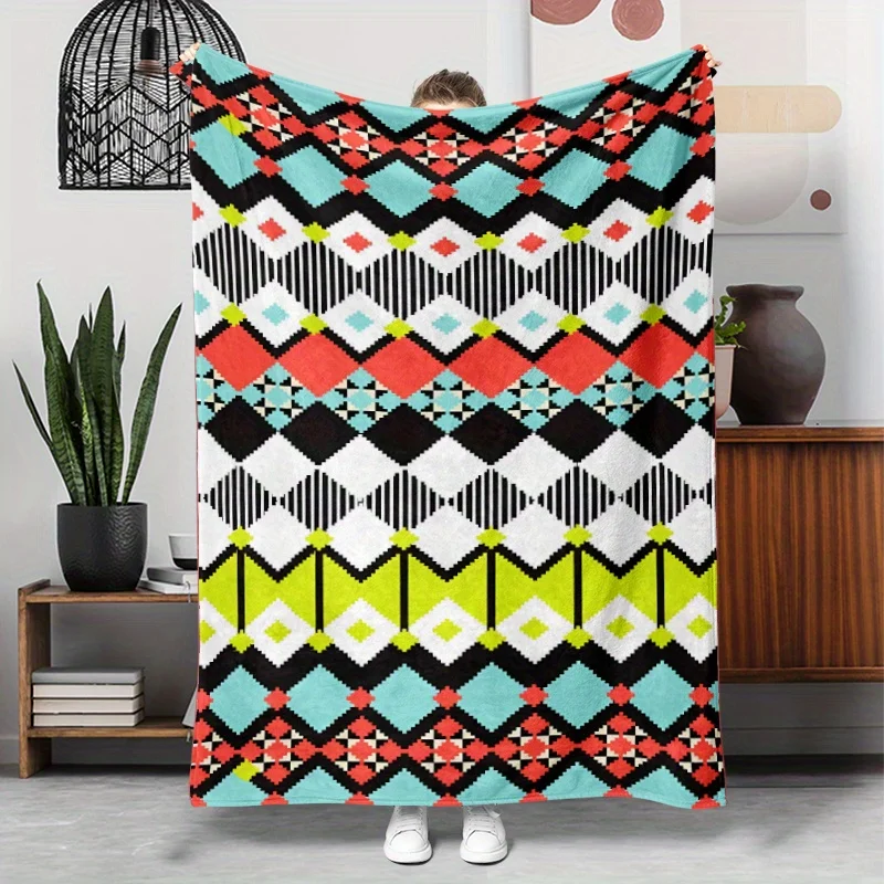 

One piece of modern Bohemian geometric pattern flannel blanket - suitable for all seasons for sofas, camping trips and gifts