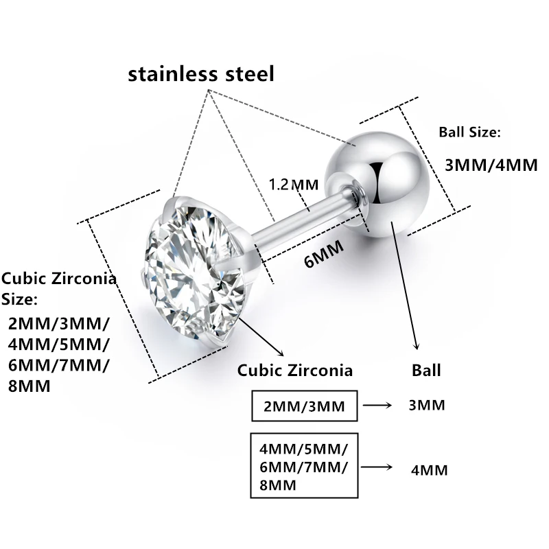 16g Surgical Stainless Steel Cubic Zirconia Studs Cartilage Helix Earrings Screw Backs Ear Tragus Auricle Piercing Jewelry 2-8mm