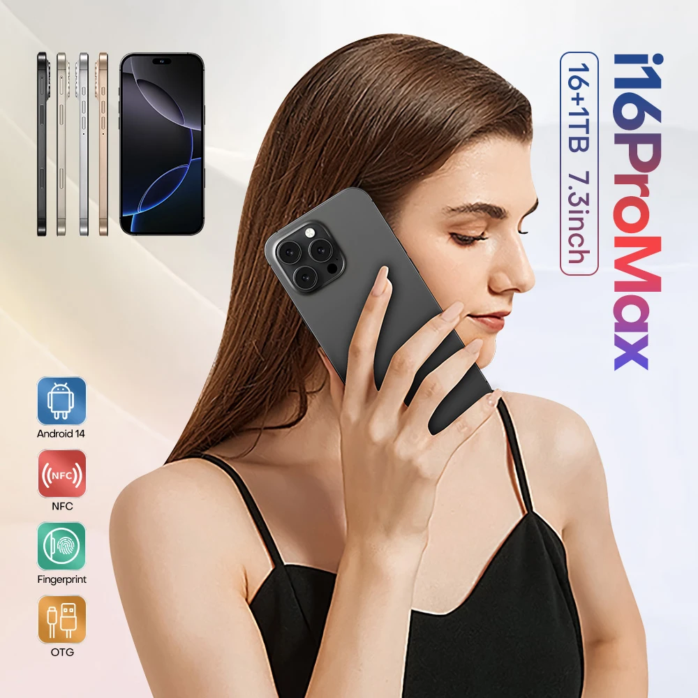الإصدار العالمي I16 Pro Max الذكي Android، 6.8 بوصة، 16 جيجابايت رام 1 تيرابايت، شريحة مزدوجة، هواتف محمولة، متجر جوجل بلاي، 24+48 ميجابكسل، 6800 مللي أمبير في الساعة
