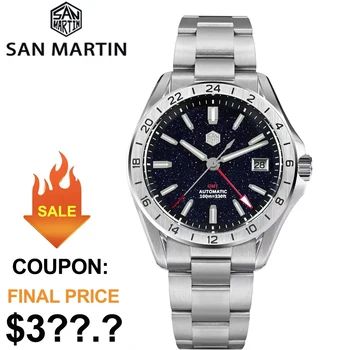 San Martin 남성용 시계, 아벤츄린 원석 다이얼, NH34 자동 기계식 사파이어, 방수 야광 시계, SN0129, 39mm, GMT