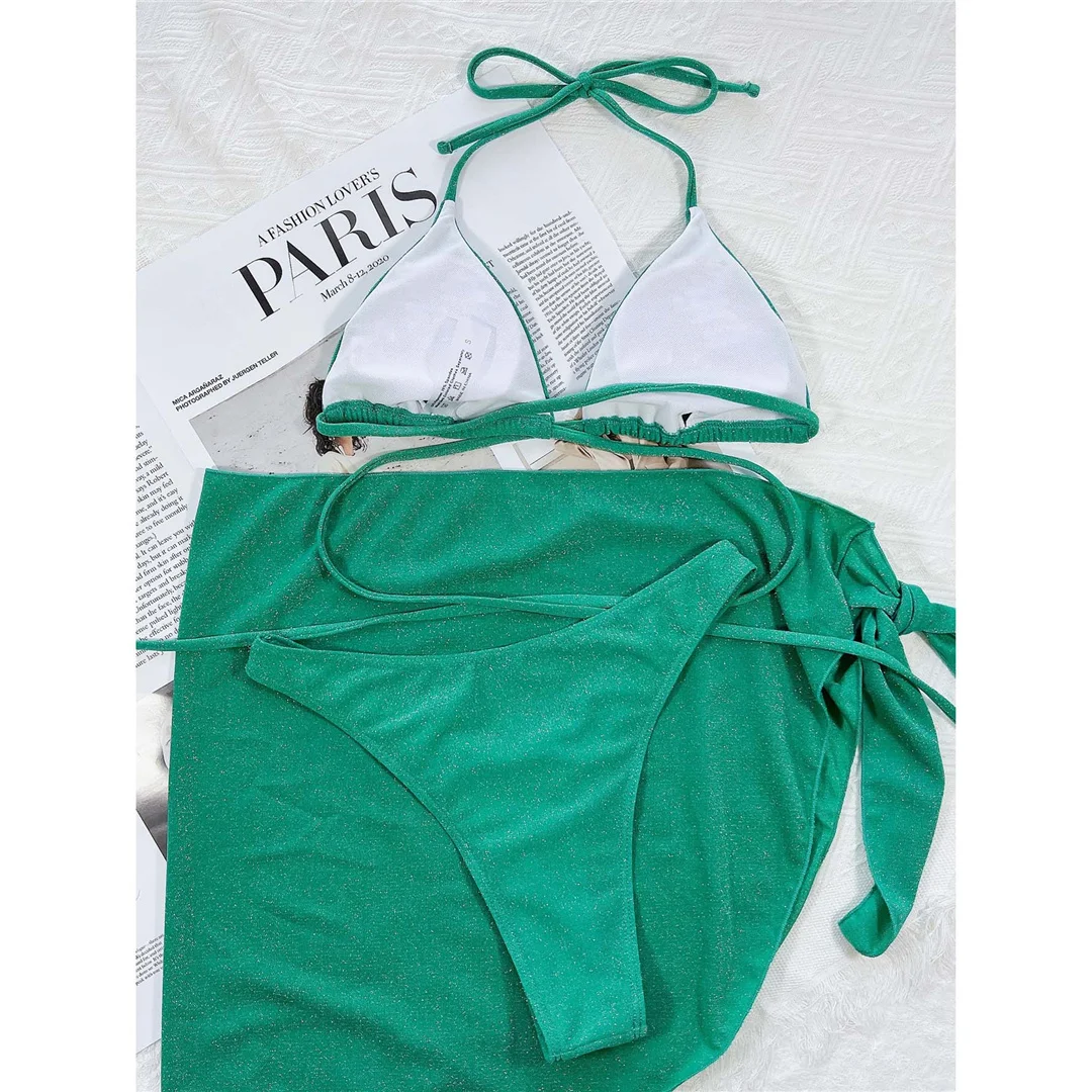 Glitzernder, funkelnder Wickel-Bikini, Damen-Badebekleidung, dreiteiliger Bikini-Set, Sarong, Badeanzug, Badebekleidung, Modell V3679 – Detail 27