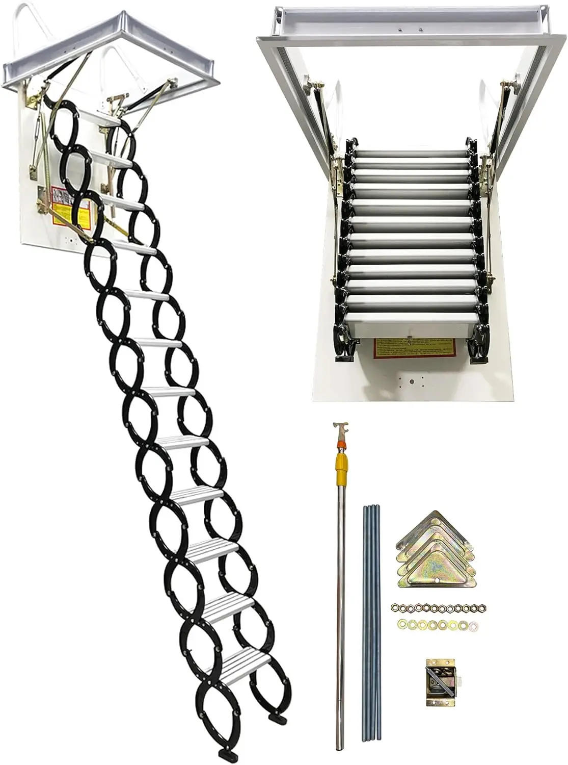 تلسكوبي سلم قابل للطي مخفي درابزين أسود خطوة بيضاء الألومنيوم المغنيسيوم تركيب السقف 70*90 سنتيمتر