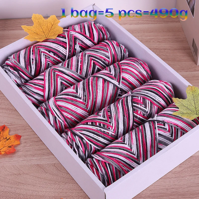490 g de bolas de hilo de 5 hebras teñidas de sección colorida, suéteres de moda de otoño e invierno tejidos a mano multicolores, bufandas, sombreros, guantes, regalos, bolas de hilo artesanales, 5 unidades por paquete