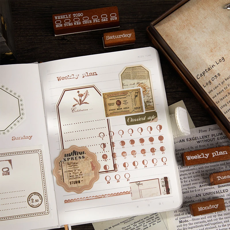 Daily Weekly Monthly Time Line Stamp Set Planner Vintage Journaling Supplies Scrapbooking Date Plan Wood Stamps Seal Stationery