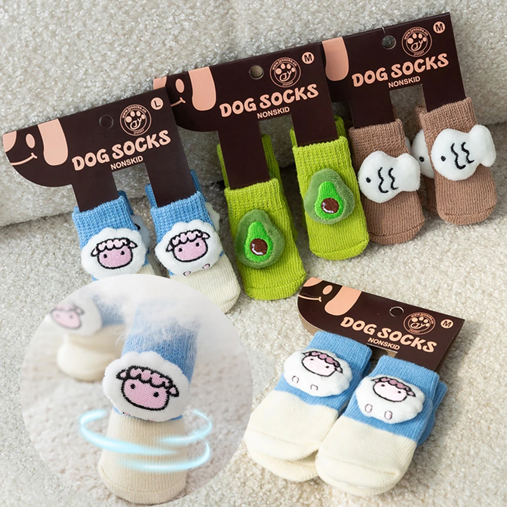 

Warm Puppy Socks 3D Doll Cute Dog Socks Cat Knit Anti-slip Socks Thick Paw Protector Booties Socks Sheep Fish Avocado Socks