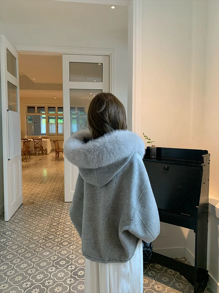 Hot Selling Fashion Winter New Double-sided Cashmere Coat Hooded Fox Fur Collar Wool Cloak Fur Coat For Women