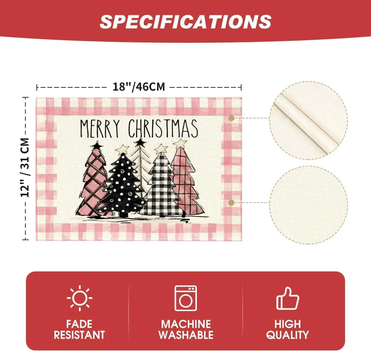 Waterclor Pink Buffalo Plaid Christmas Trees Placemats Set of 4 12x18 Inch Winter Table Mats for Home Party Kitchen Dining Decor