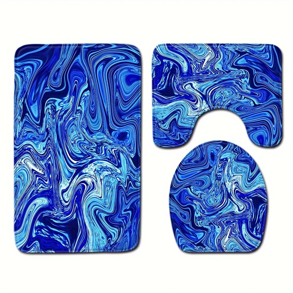 3‑Pieces Abstract Blue Fluid Bathroom Mat Set, Decor Rug Kit for Toilet and Entryway