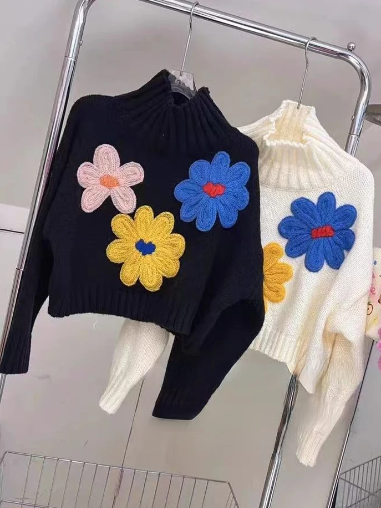 女性用長袖タートルネックセーター,花が刺繍された新しいセーター,短いセーター,しっかりとしたデザイン,衣類,秋冬