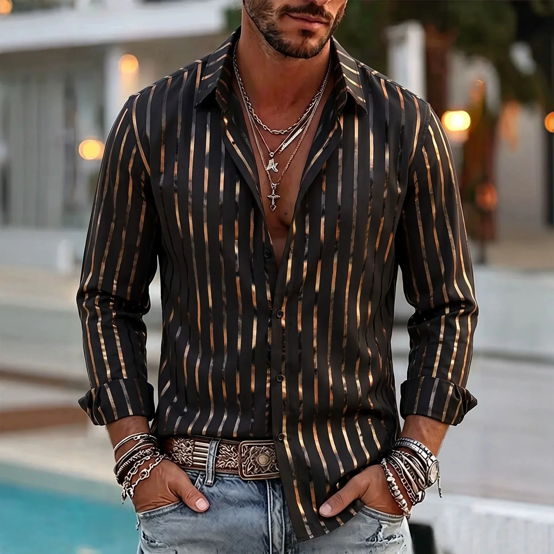 2026 New Men's Long Sleeved Shirt Model Casual Fashion 3D Striped Print High-Quality Shirt Single Breasted Long Sleeved Top