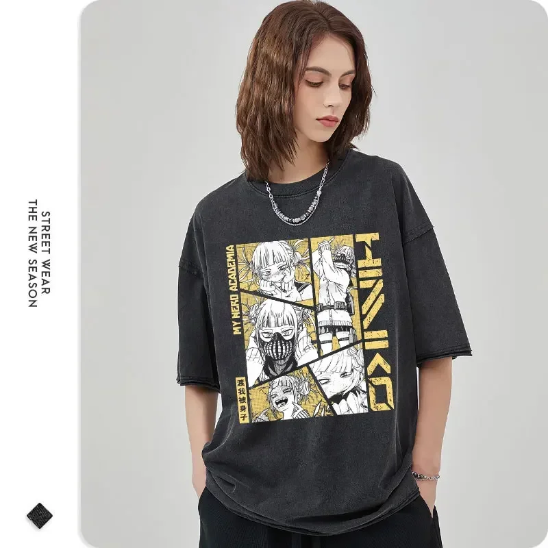 Anime My Hero T-shirt Himiko Toga Vintage Washed T Shirts Oversized Harajuku Manga Boku No Hero Academia Izuku Top Tees Cotton