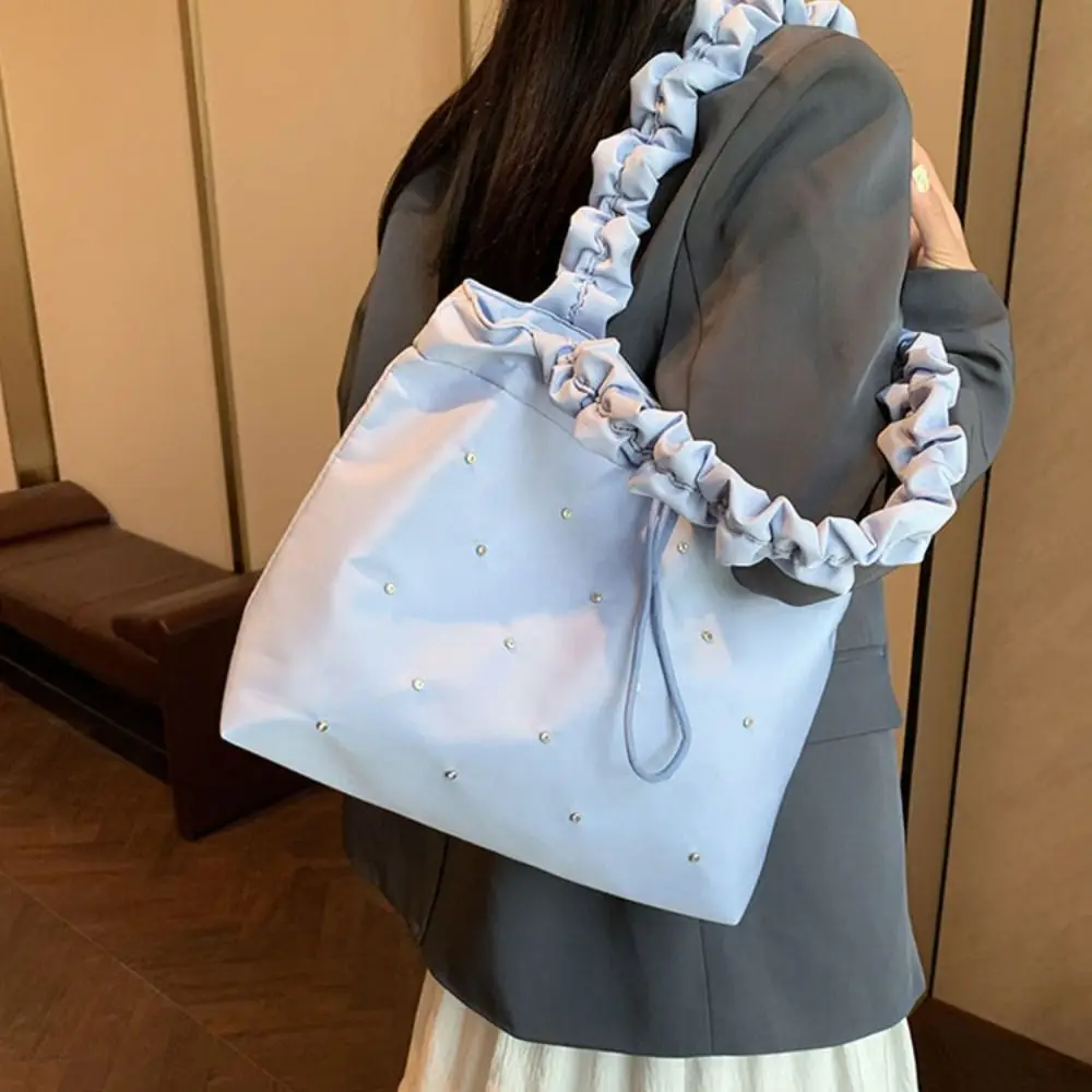 New Waterproof Drawstring Handbag Commuting Bag Large Capacity Inlaid Shoulder Bags Fashionable Elastic Pleated Handbags