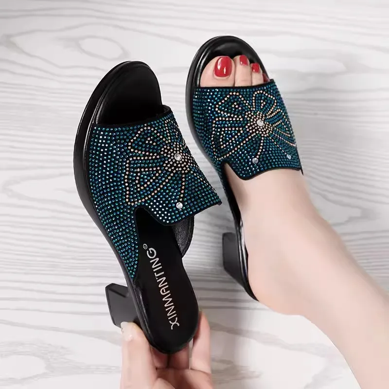 Women\'s Slippers Summer New Open Toe Women Shoes High-heeled Non-slip Genuine Leather Bling Slides Sandals Women