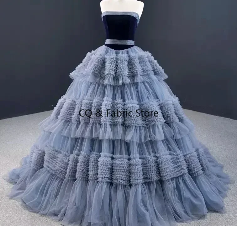 Tela de vestido de pastel de malla suave gris-azul, Material plisado de tul para vestido de pastel y vestido de fiesta hinchado, tela de diseñador