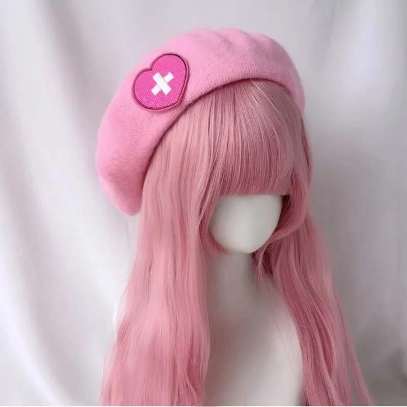 Japanese Harajuku Y2K Cross Embroidery Beret Love Hat Pink Girl Beret Cute Sweet Wool Embroidery Kawaii Hat Lolita Accessories