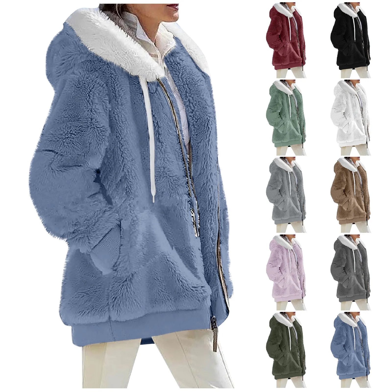 Women\'s Coats Winter Coats Casual Solid Color Loose Plush Zippered Hooded Jacket With Pockets Coats