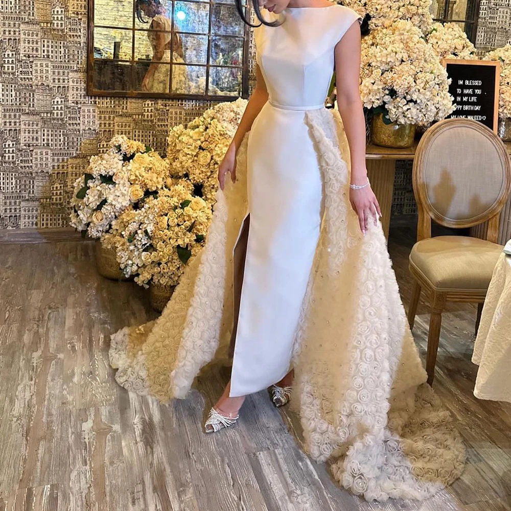 

Customized Exquisite Satin Straight Cap Sleeve Crystal and Flowers Evening Dress Sleeveless Backless Panel Train Front Slit