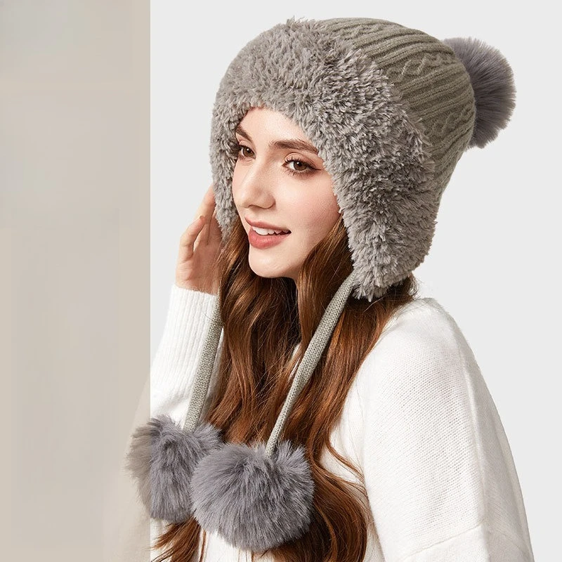 Fashion New Temu Winter New Thickened Ear Protectors Knitted Hat Outdoor Windproof Velvet Three-hair Ball Tether Warm Hat