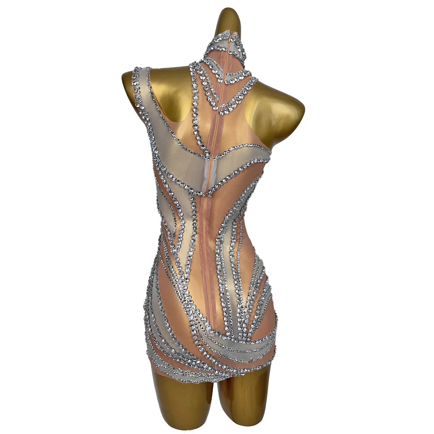 Elegante colore mezzo dolcevita Casual senza maniche aderente diamante Mini vestito aderente 2024 Rayon Celebrity Party Gown Costume da palcoscenico