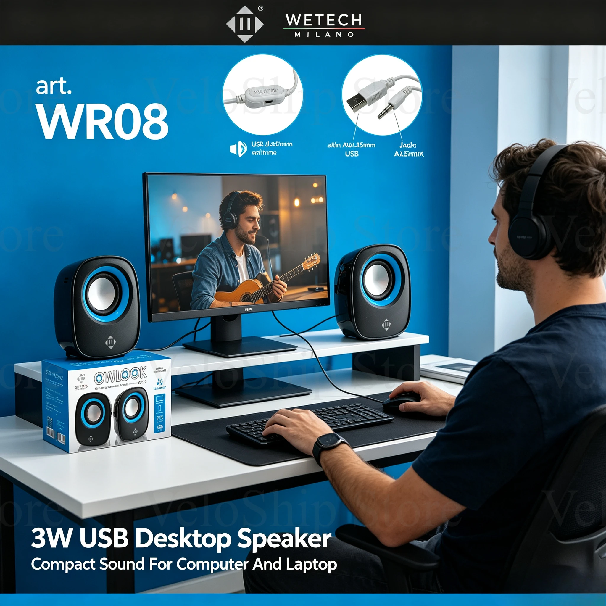 Altoparlanti da scrivania con cavo USB, 3W, suono stereo, ingresso AUX, per PC, laptop e computer.