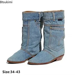 New 2024 Women's Denim Mid Calf Boots Low Heel Casual Short Boots Female Jeans Leather Pointed Toe Cowboy Boots Big Size 34-43