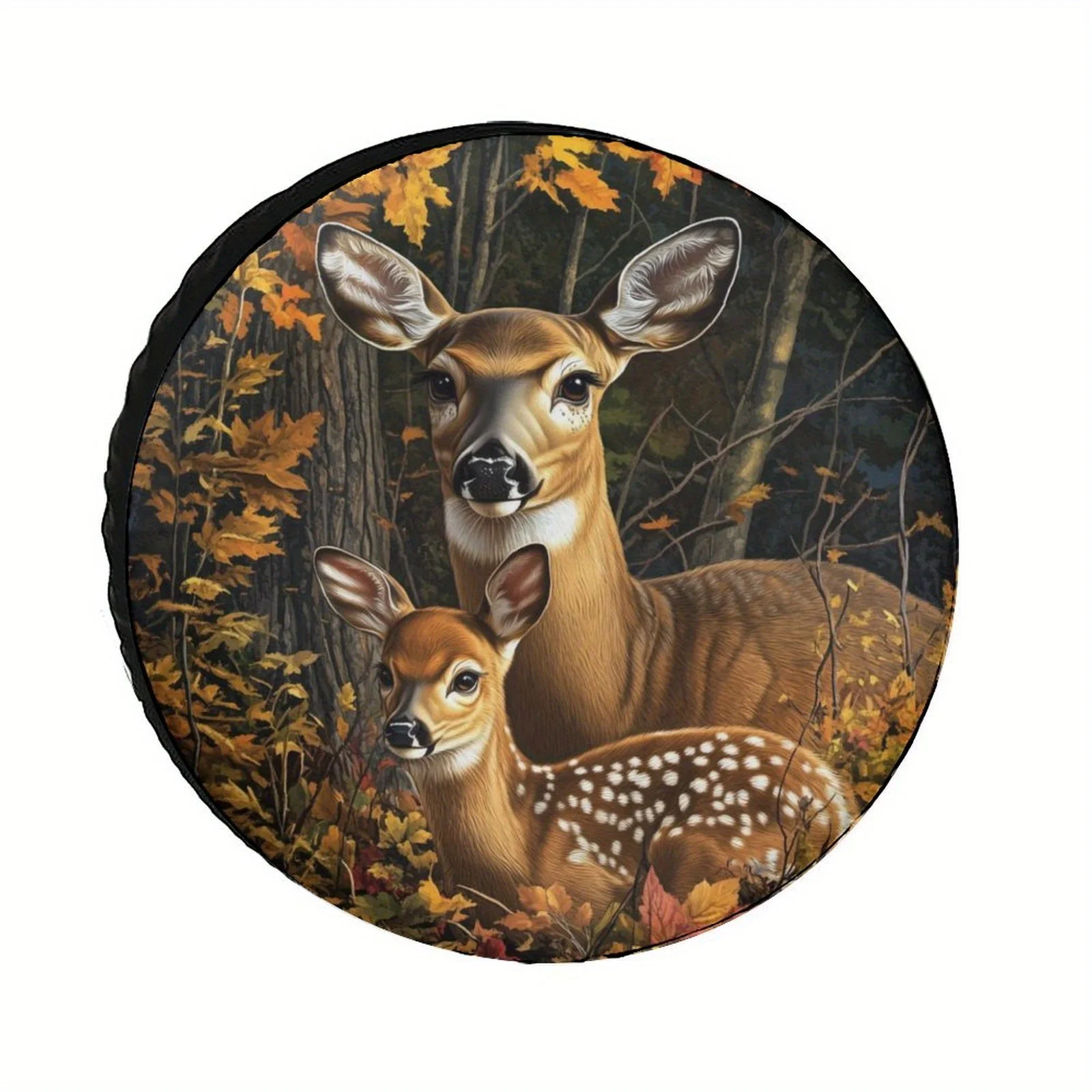 

Чехол для запасного колеса «Мать и детеныш олень» в осеннем лесу, прочный полиэстер, защитный аксессуар