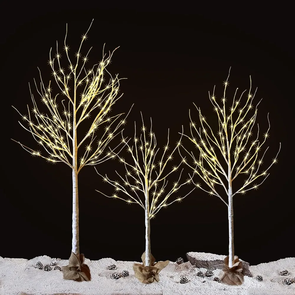 Christmas Decoration Lighted Birch Tree, 3 Packs LED Prelit Light up Tree with Burlap Decor, Warm White, Power Supply by Adaptor