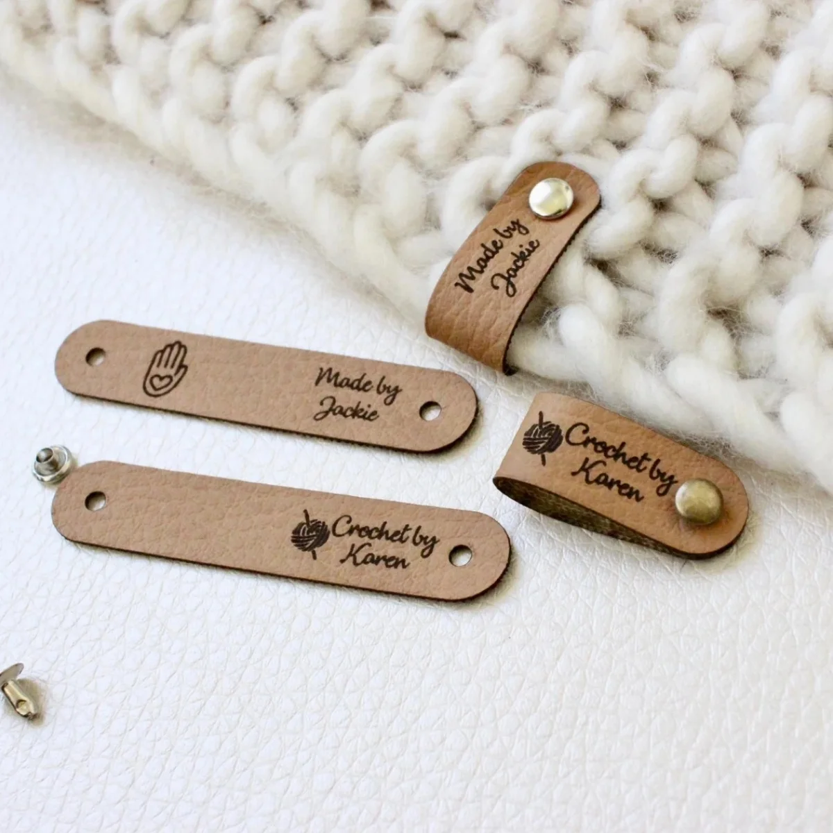 Custom tags for knits and crochet, faux leather labels for handmade items, leather tags with rivets, tags for knitted hats