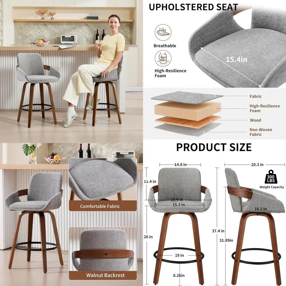 

Set of 2 Light Grey Fabric Swivel Bar Stools with Back and Armrests for Home Dining or Kitchen Island - Counter Height Chairs