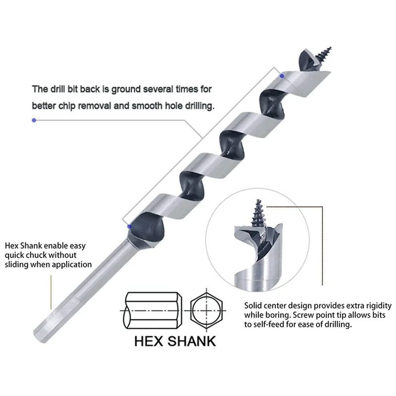 5Pcs Wood Drill Bit 9Inch Length Screw Point Hex-Shank Drill Deep Hole In Woodworking Cutter